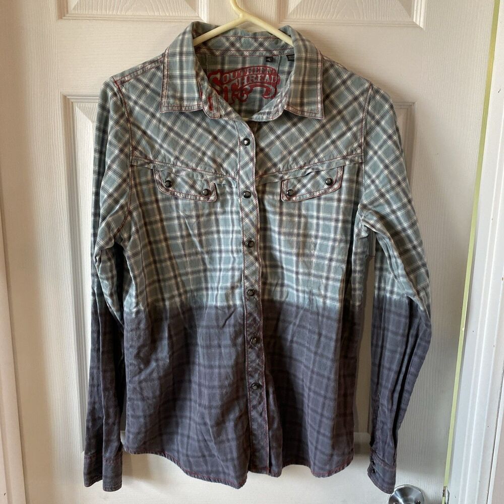 Southern Thread Women’s XL Pearl Snap Button Up Long Sleeve Shirt Plaid Western